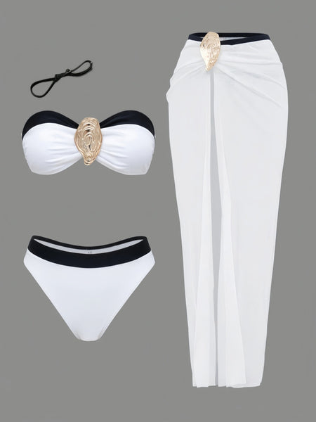 White Solid Bikini Set Beach Skirt