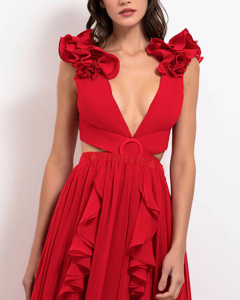 Red Solid Ruffle One Piece Swimsuit With Beach Skirt