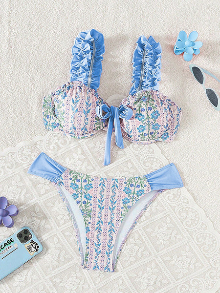 Light Blue Floral Ruffle Bikini Set