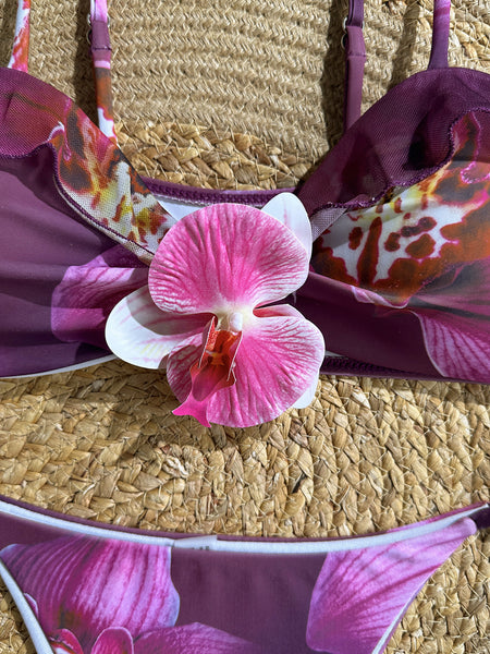 Purple Floral High Cut Bikini Set With Ruffle Beach Skirt