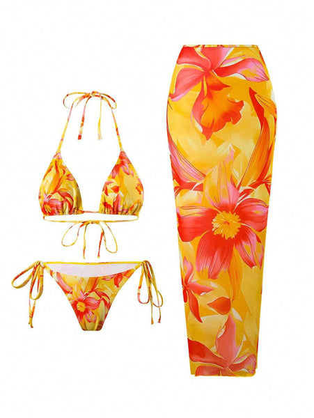 Yellow Floral Triangle Bikini Set With Beach Skirt