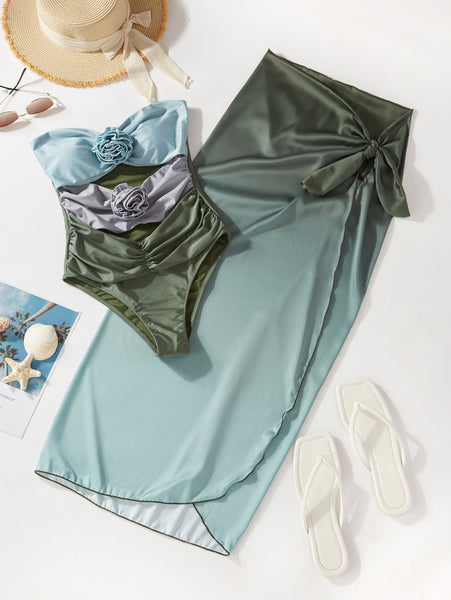 Green Gradient One Piece Swimsuit With Sarong