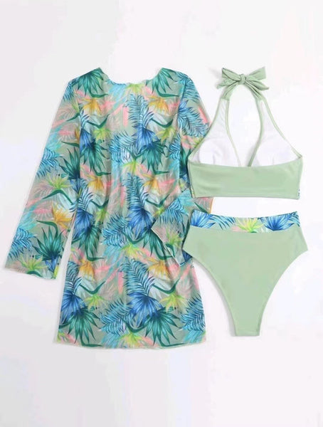 Swim Tropical Print Halter Bikini Swimsuit With Kimono Light Green