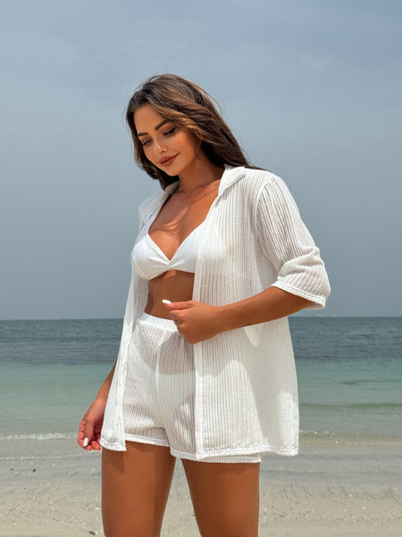 Open Front Sheer Kimono Loose Tops Short Sleeve Bathing Swimsuit with Cover Up White