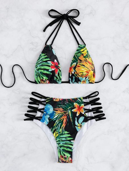 Women's Crossover Bikini Sets Floral Tropical Green