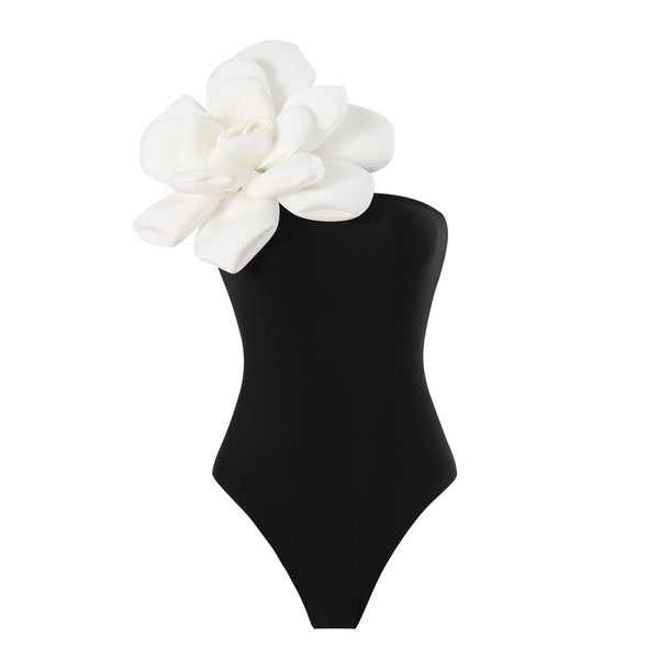 Black Solid One Shoulder One-Piece Swimsuit With Beach Skirt