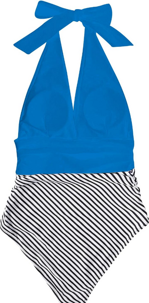 Plunge V Neck Colorblock Blue One-piece Swimsuit