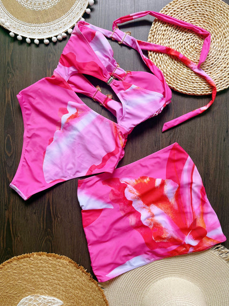 Pink Abstract Halter One Piece Swimsuit With Beach Skirt