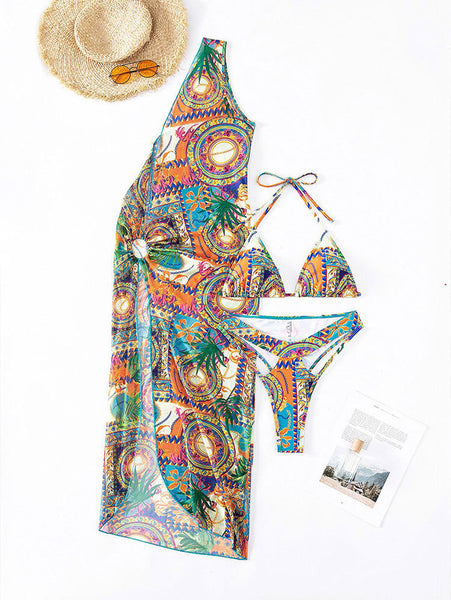 Multicolor Mixed Print Halter Bikini Set with Sheer Robe