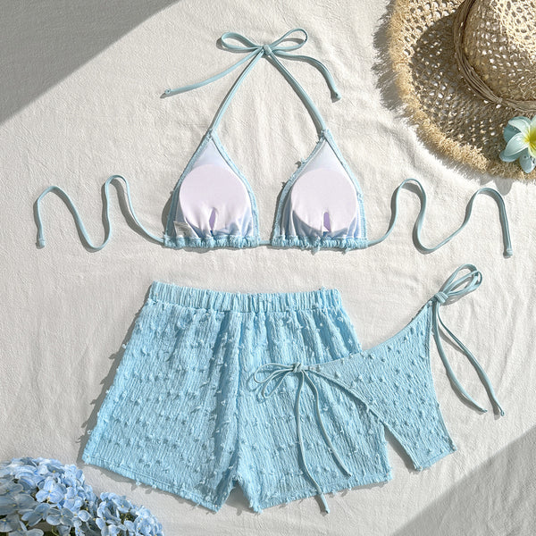 Sky Blue Solid Halter Bikini Set With Beach Shorts