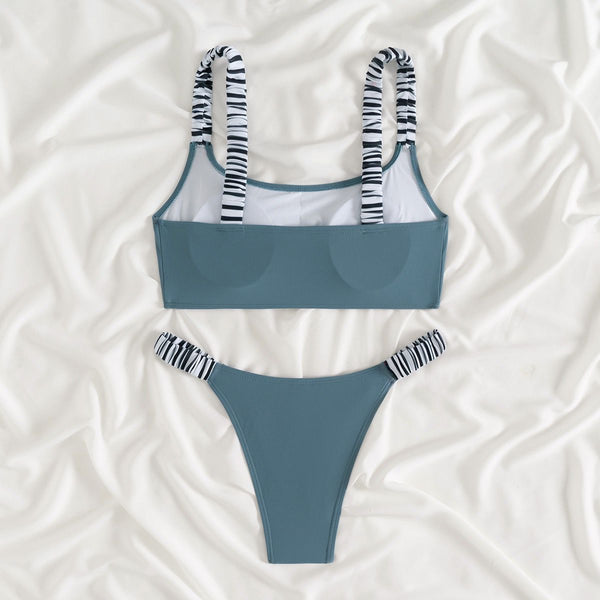 Grey Colorblock Ruched Bikini Set