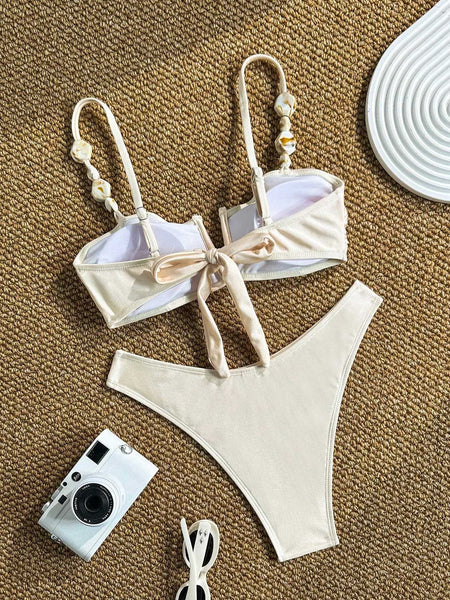 White Solid High Leg Bikini Set