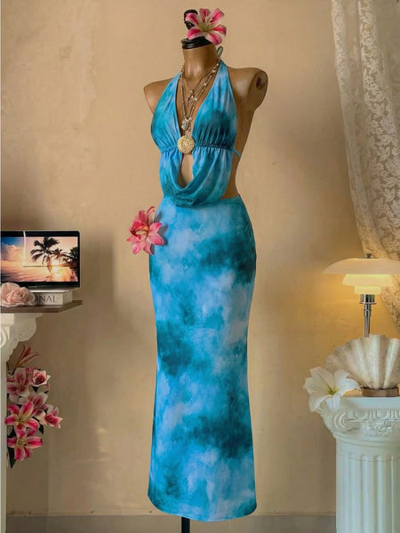 Blue Tie Dye Cut Out Maxi Dress