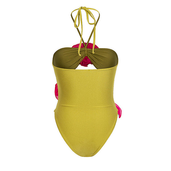 Green Solid Halter One Piece Swimsuit With Beach Skirt