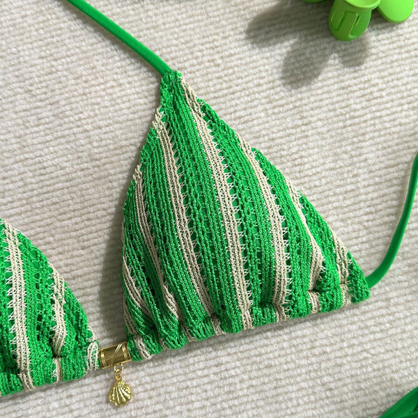 Green Stripes Halter Bikini Set With Beach Pants