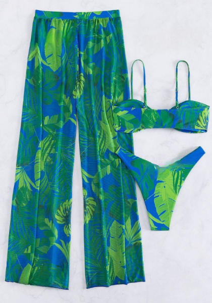 Tropical print bikini swimsuit with cover up pants Green