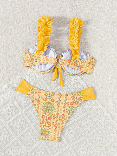 Yellow Floral Ruffle Bikini Set