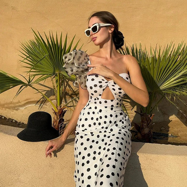 Polka Dot Spaghetti Straps One Piece Siwmsuit With Cover Up White
