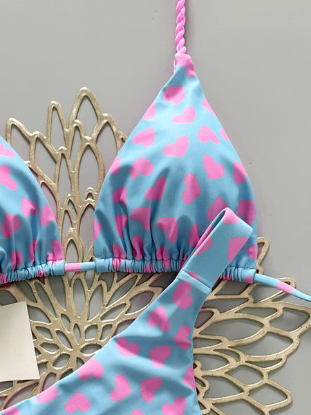 Blue Conversational Print Halter Bikini Set