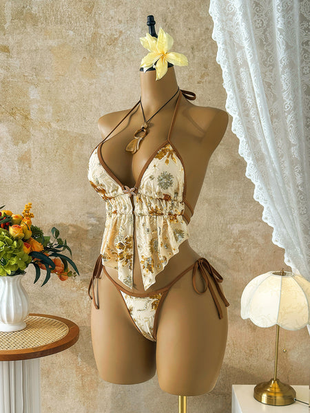 Cream Floral Halter Bikini Set