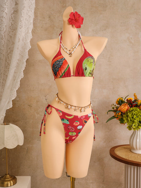 Red Fruit Print Halter Bikini Set With Beach Pants