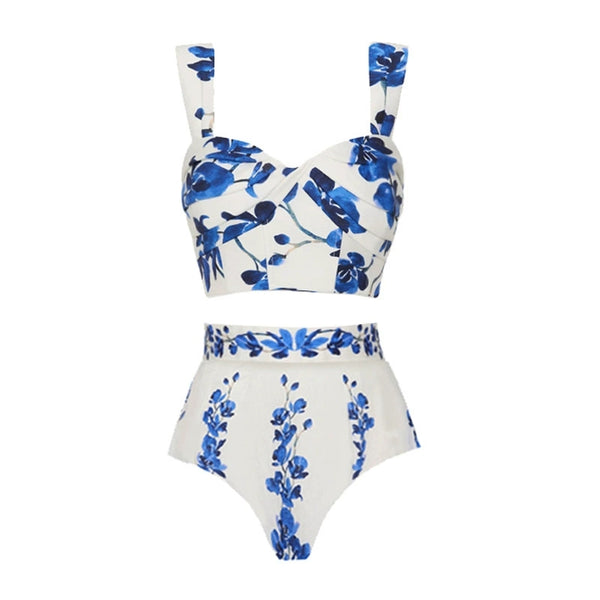 Blue Floral High Waisted Bikini Set With Maxi Cover Up