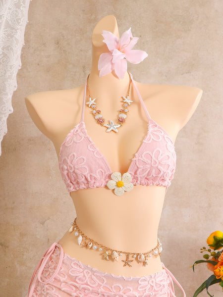 Pink Lace Texture Halter Bikini Set With Beach Skirt