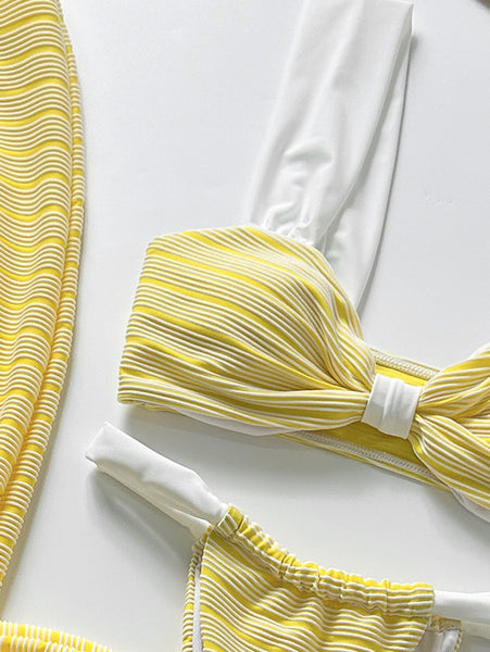 Yellow Solid Thong Bikini Set Beach Skirt