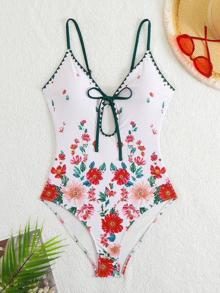 White Floral Deep V One Piece Swimsuit With Sarong