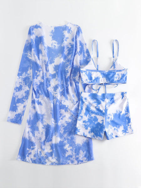 Plus 3pack Allover Print Drawstring Front Bikini Swimsuit Sky Blue