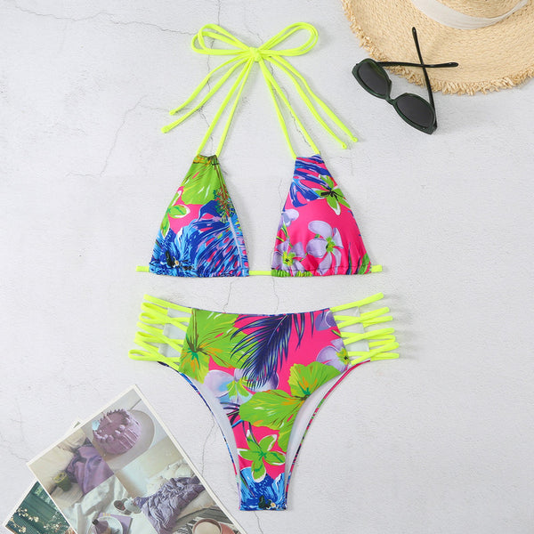 Women's Crossover Bikini Sets Floral Tropical Radium Green