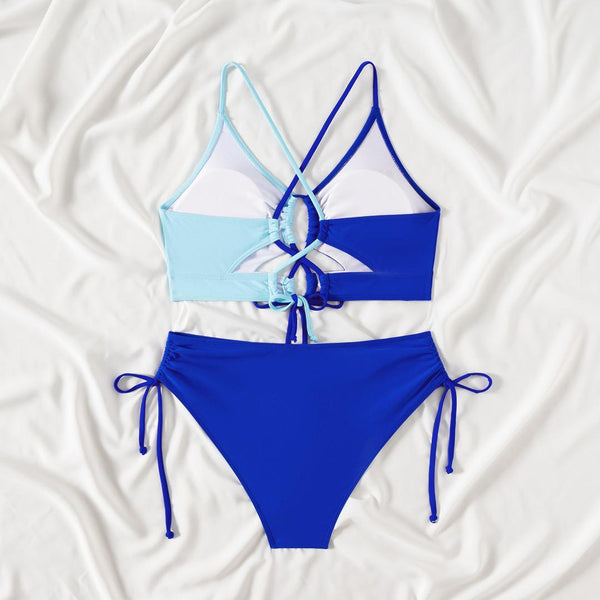 Blue Colorblock Tie Front Bikini Set