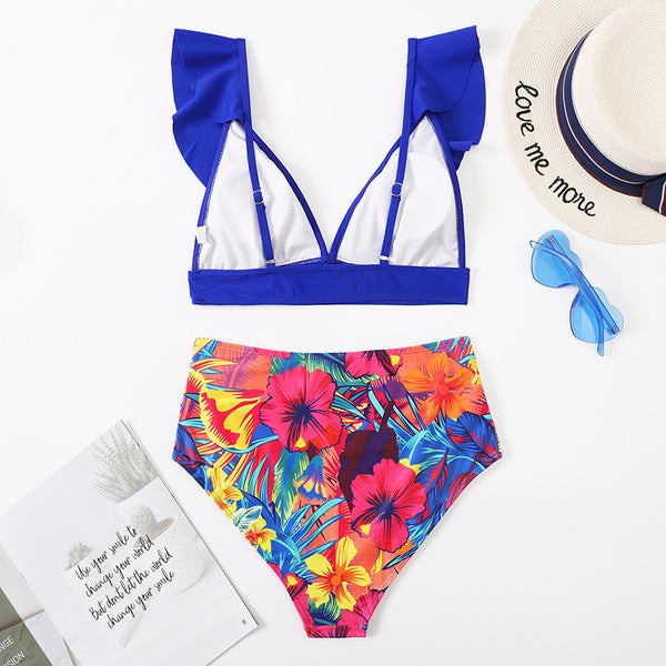 Tropical Print V Neck Ruffle Trim High Cut Two Pieces Swimsuit Blue