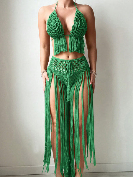 Green Solid Crochet Tassel Halter Top With High Waisted Skirt