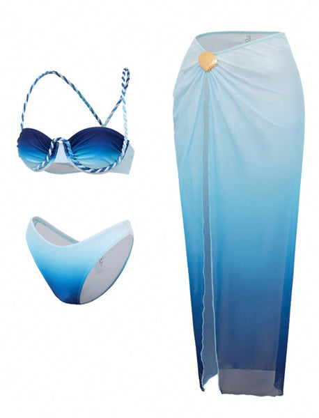 Blue Ombre Underwire Bikini Set With Sarong
