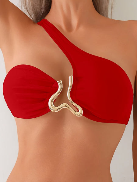 Red Solid Asymmetrical Bikini Set