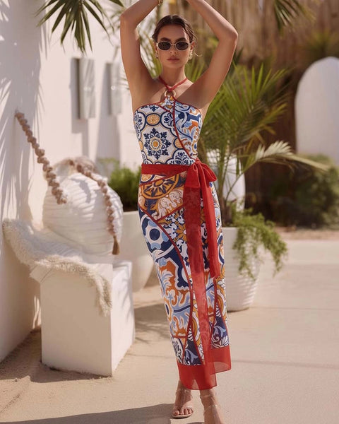 Red Geometric Halter One Piece Swimsuit With Sarong