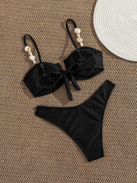 Black Solid High Leg Bikini Set