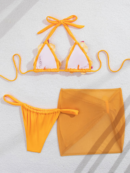 Yellow Floral Embellishment Halter Bikini Set With Beach Skirt