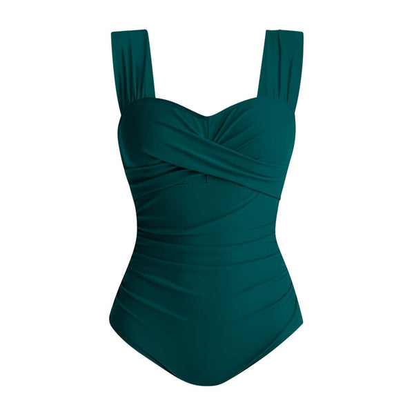 Dark Green Solid Criss Cross One Piece Swimsuit