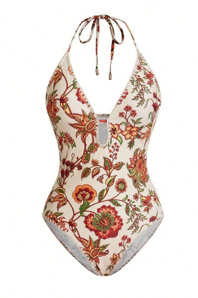 Brown Floral Halter One Piece Swimsuit With Sarong