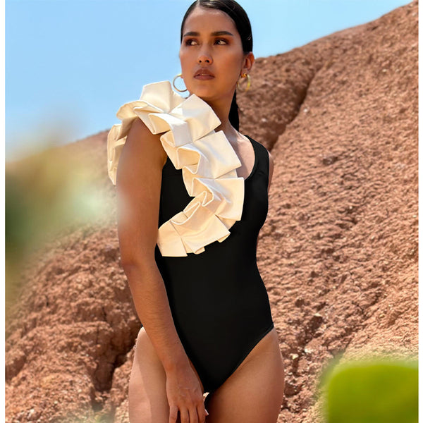 Black Polka Dots Ruffle One Piece Swimsuit With Beach Skirt
