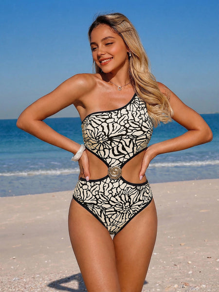 Multicolor Abstract Cut Out One Piece Swimsuit With Beach Skirt