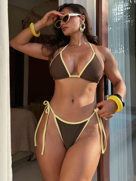 Dark Brown Polka Dots Halter Bikini Set With Beach Skirt