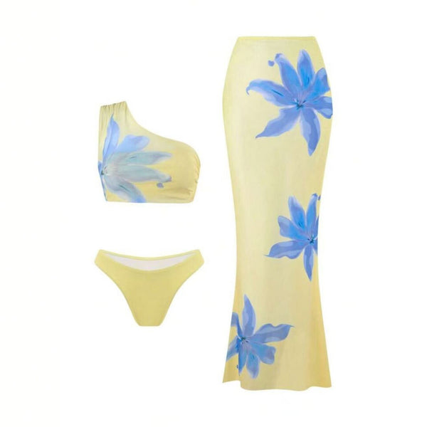 Yellow Floral One Shoulder Bikini Set With Beach Skirt