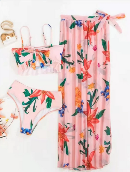 Floral Print 3pack Ruffle Hem Bikini Swimsuit Pink