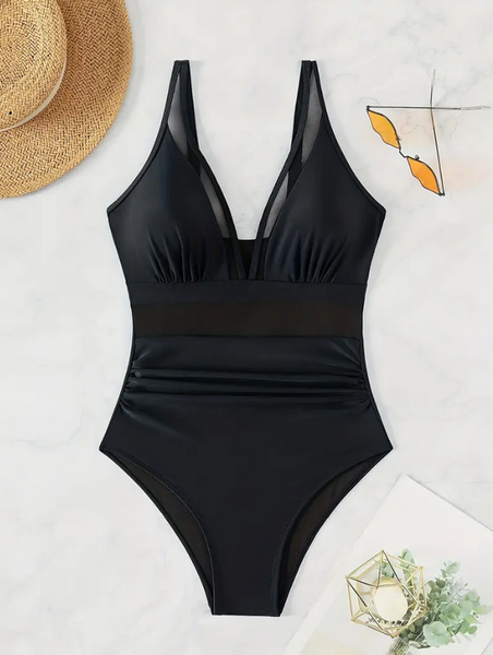 Solid Mesh Contrast V Neck Stretchy Ruched One-piece Swimsuit Black