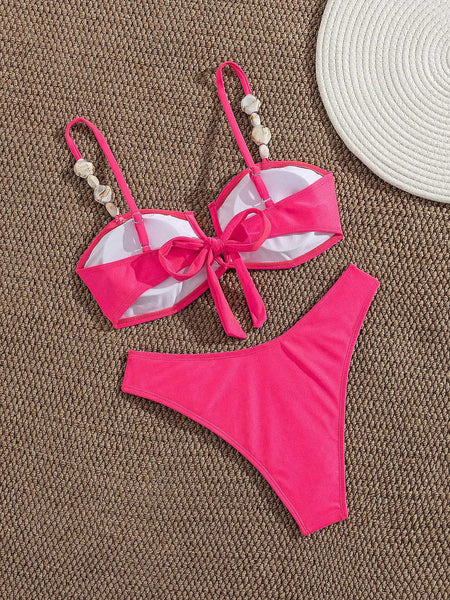 Pink Solid High Leg Bikini Set