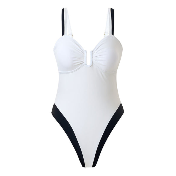 White Solid Deep V One-Piece Set
