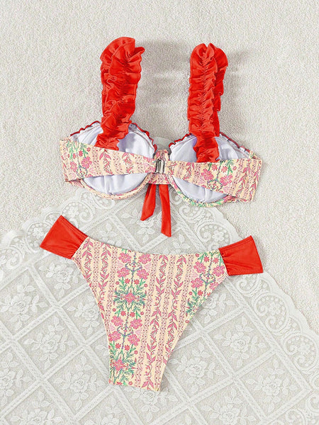 Red Floral Ruffle Bikini Set
